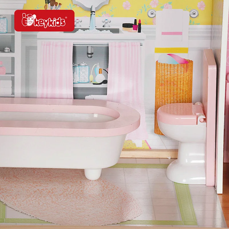 Wooden 4-Story Dollhouse with 9 Fully Furnished Rooms, Balcony, Piano, Bathtub, Movable Furniture for Kids Pretend Play W06A358C